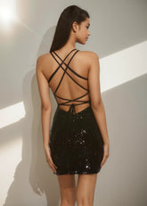 Marjorie |Bodycon V - Neck Straight Plunging Neckline Strappy Back Sequin Black Mini Homecoming Dress With Sparkly - Black - PromDressClub